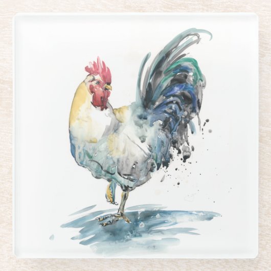Rooster Splash - Aquarell Glasuntersetzer (Vorderseite)