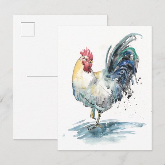 Rooster Splash - Aquarell Postkarte (Vorne/Hinten)