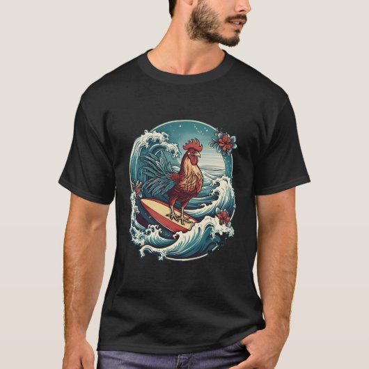 Rooster Surfer Chicken Surfing Kauai Hawaiian Surf T-Shirt (Vorderseite)