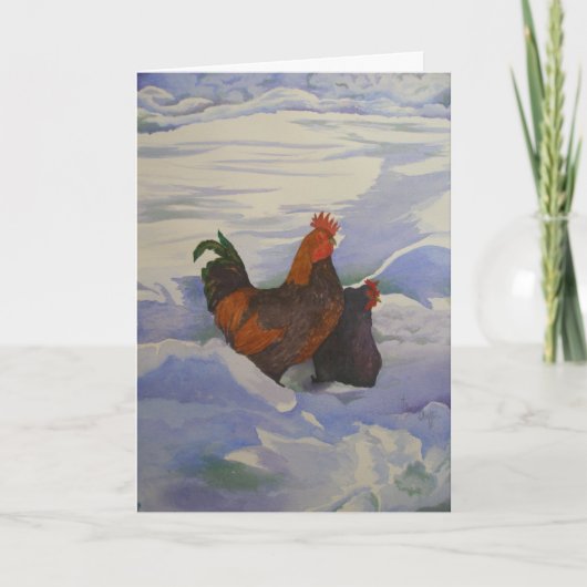 Rooster und Hen im Schnee Feiertagskarte (Vorderseite)