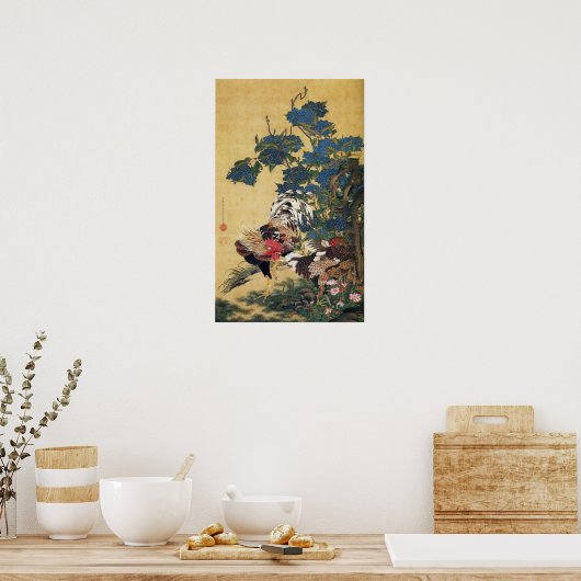 Rooster und Hen mit Hydrangeas Poster (Küche)