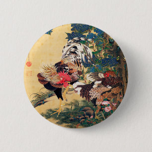 Rooster und Hen mit Hydrangeas von Ito Jakuchu Button