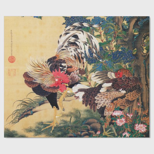 Rooster und Hen mit Hydrangeas von Ito Jakuchu Geschenkpapier (Flach)