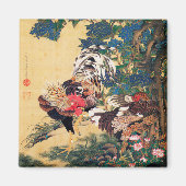 Rooster und Hen mit Hydrangeas von Ito Jakuchu Magnet (Vorne)