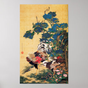 Rooster und Hen mit Hydrangeas von Ito Jakuchu Poster