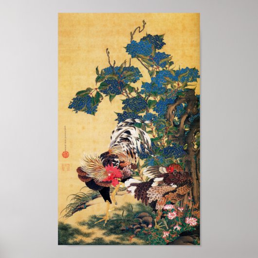 Rooster und Hen mit Hydrangeas von Ito Jakuchu Poster (Vorne)