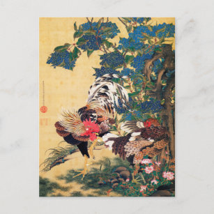 Rooster und Hen mit Hydrangeas von Ito Jakuchu Postkarte
