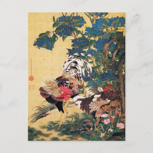 Rooster und Hen mit Hydrangeas von Ito Jakuchu Postkarte (Vorderseite)