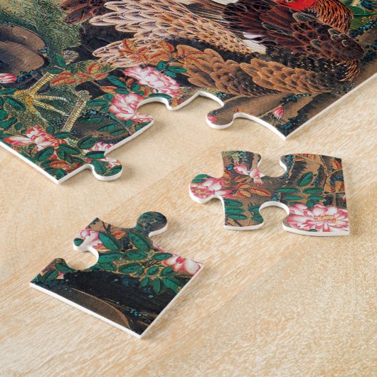 Rooster und Hen mit Hydrangeas von Ito Jakuchu Puzzle (Seite)