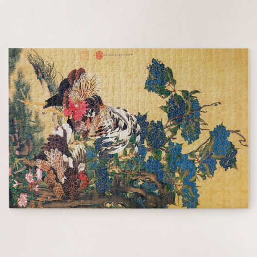 Rooster und Hen mit Hydrangeas von Ito Jakuchu Puzzle (Horizontal)