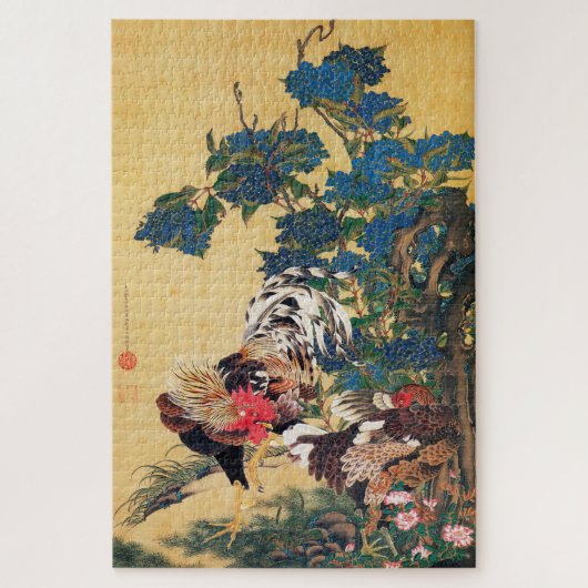 Rooster und Hen mit Hydrangeas von Ito Jakuchu Puzzle (Vertikal)