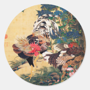 Rooster und Hen mit Hydrangeas von Ito Jakuchu Runder Aufkleber