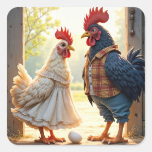 Rooster und Hen Spaß Quadratischer Aufkleber