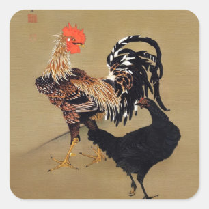 Rooster und Hen von Ito Jakuchu Quadratischer Aufkleber