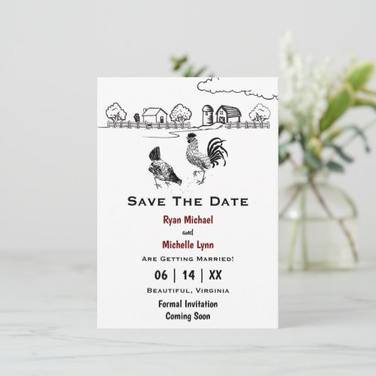 Rooster- und Hennenhühnerfarm Save The Date (Stehend Vorderseite)