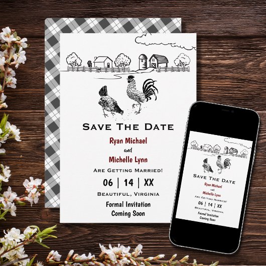 Rooster- und Hennenhühnerfarm Save The Date