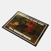 Rooster und Hühner "Willkommen auf unserem Coop" D Fußmatte (Schrägansicht)