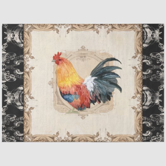 Rooster Vintager Damask Black Decoupage Tiss Seidenpapier (Vorderseite)