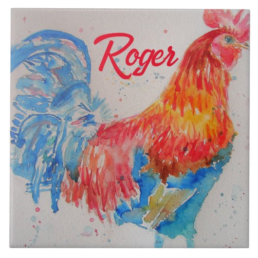 Rooster Wasserfarben Malerei Art Huhn Fliese (Vorderseite)