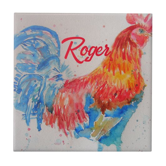 Rooster Wasserfarben Malerei Art Huhn Fliese (Vorderseite)