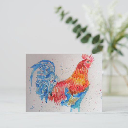 Rooster Wasserfarben Malerei Art Huhn Postkarte (Stehend Vorderseite)