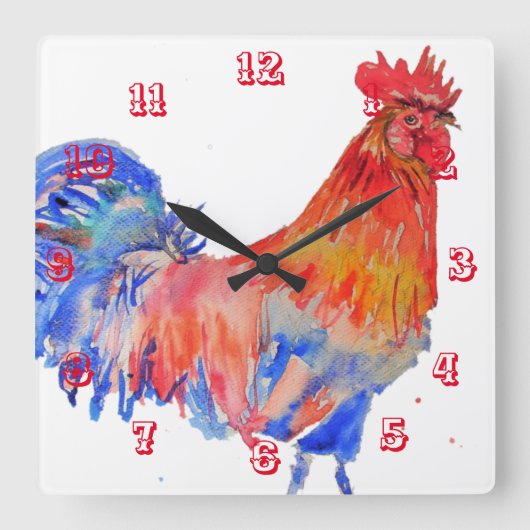 Rooster Watercolor Chicken Childrings Room Clock Quadratische Wanduhr (Vorderseite)