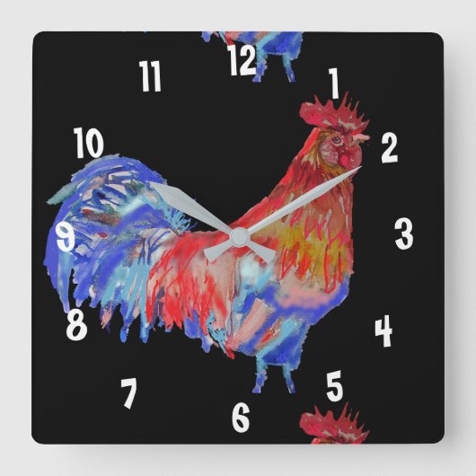 Rooster Watercolor Huhn Man's Office Clock Quadratische Wanduhr (Vorderseite)