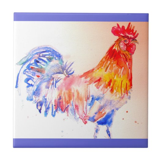Rooster Watercolor Rotes Gelbes Blaues Huhn Fliese (Vorderseite)