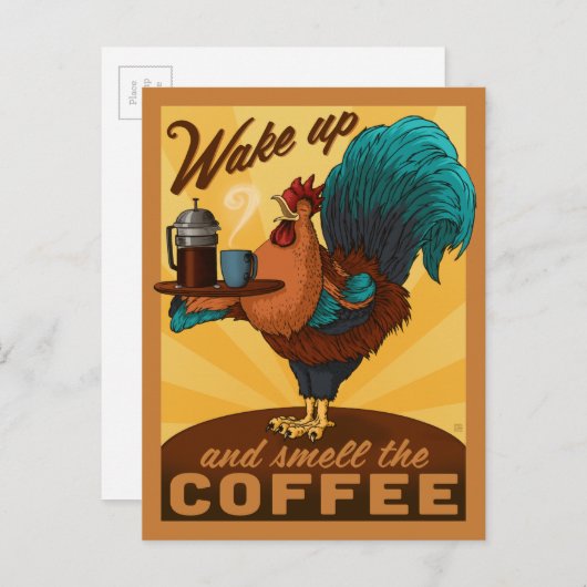 Rooster - Weck auf und rieche den Kaffee Postkarte (Vorne/Hinten)