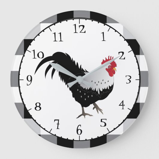 Rooster with Black White Check Große Wanduhr (Vorderseite)