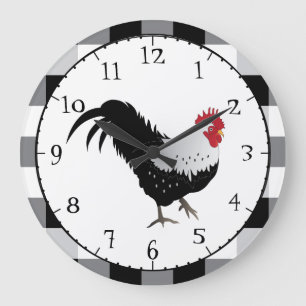 Rooster with Black White Check Große Wanduhr