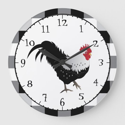 Rooster with Black White Check Große Wanduhr (Vorderseite)