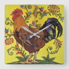 Rooster Yellow Chicken Folklotze Blütenblume Quadratische Wanduhr