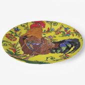 Rooster Yellow Floral Tile Folklorekunst Land Pappteller (Schrägansicht)