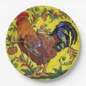 Rooster Yellow Floral Tile Folklorekunst Land Pappteller (Vorderseite)