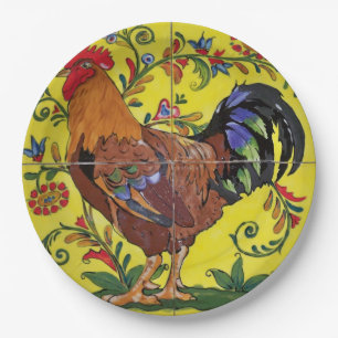 Rooster Yellow Floral Tile Folklorekunst Land Pappteller