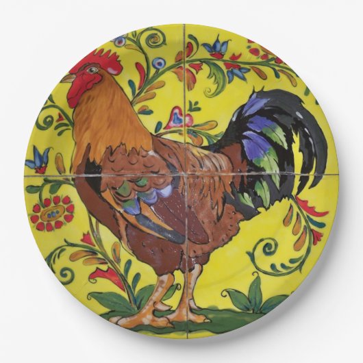 Rooster Yellow Floral Tile Folklorekunst Land Pappteller (Vorderseite)