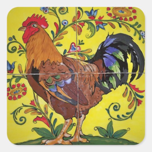 Rooster Yellow Floral Tile Folklorekunst Land Quadratischer Aufkleber (Vorderseite)