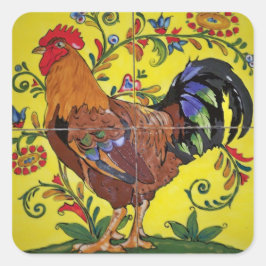 Rooster Yellow Floral Tile Folklorekunst Land Quadratischer Aufkleber