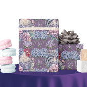 Roosters and Hydrangeas Blue Purple Gray Farmhouse Geschenkpapier