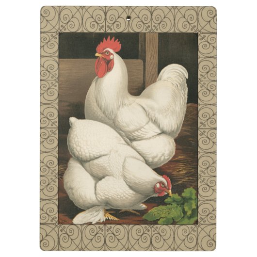 Roosters & Hen außerhalb von Hen House mit weißer Klemmbrett (Rückseite)