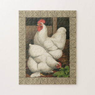 Roosters & Hen außerhalb von Hen House mit weißer  Puzzle