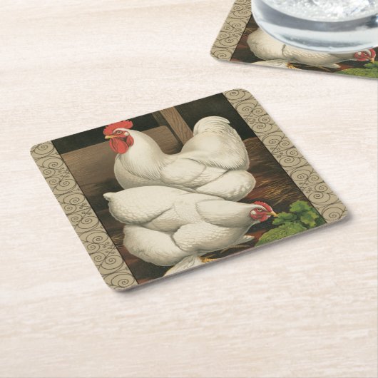 Roosters & Hen außerhalb von Hen House mit weißer Rechteckiger Pappuntersetzer (angewinkelt)