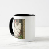 Roosters & Hen außerhalb von Hen House mit weißer Tasse (Vorderseite Links)