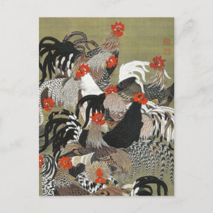 Roosters Hen Illustration von Ito Jakuchu Postkarte