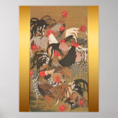 Roosters Japanisches Gemälde mit goldenem Hintergr Poster (Vorne)