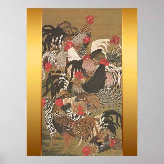 Roosters Japanisches Gemälde mit goldenem Hintergr Poster (Vorne)
