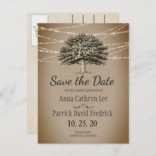 Rooted in Liebe Rustic Tree String Lights Gerettet Ankündigungspostkarte (Vorne/Hinten)