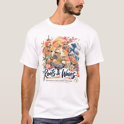 Roots & Waves Katze AAPI Collage-Design T-Shirt (Vorderseite)