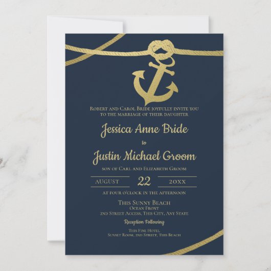 Rope Anchor Gold und Navy Blue Wedding Einladung (Vorderseite)